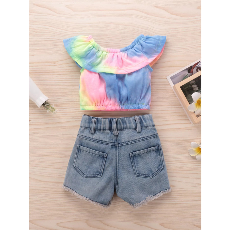 Children’s Tie-Dye Ruffle Crop Top and Distressed Denim Shorts Set Apparel and Accessories