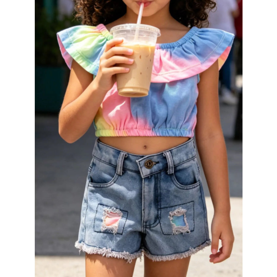 Children’s Tie-Dye Ruffle Crop Top and Distressed Denim Shorts Set Blue / 2T Apparel and Accessories