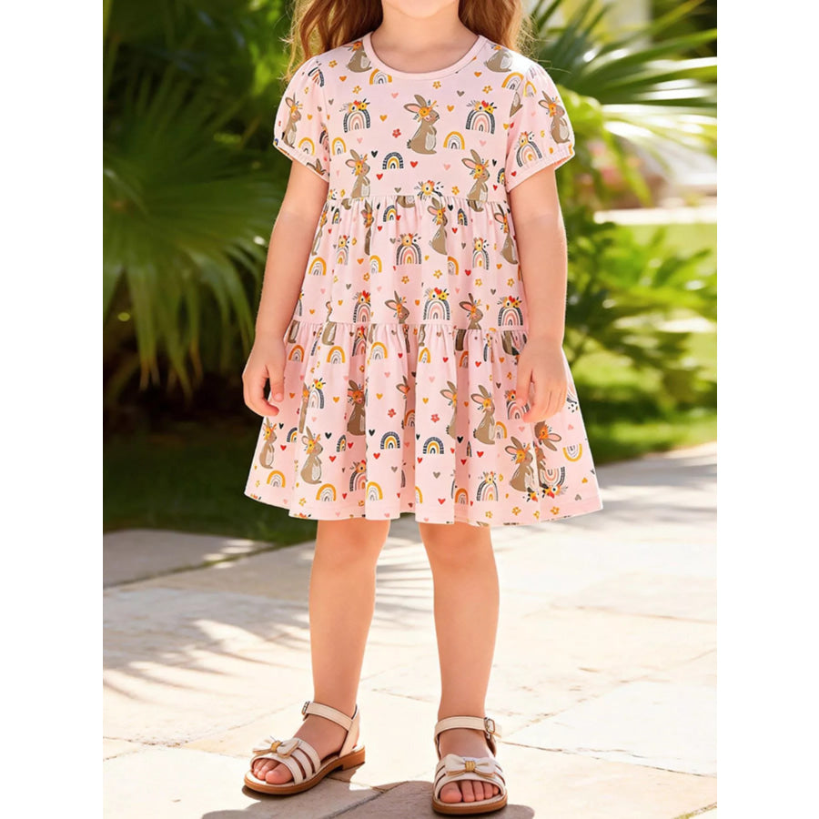 Children’s Tiered Bunny Rainbow Print Casual Dress Watermelon pink / 2Y Apparel and Accessories
