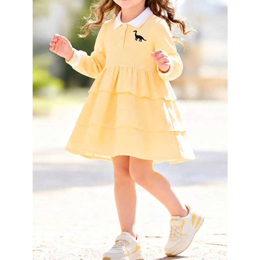 Children’s Tiered Dress with Dinosaur Embroidery Pastel Yellow / 2Y Apparel and Accessories