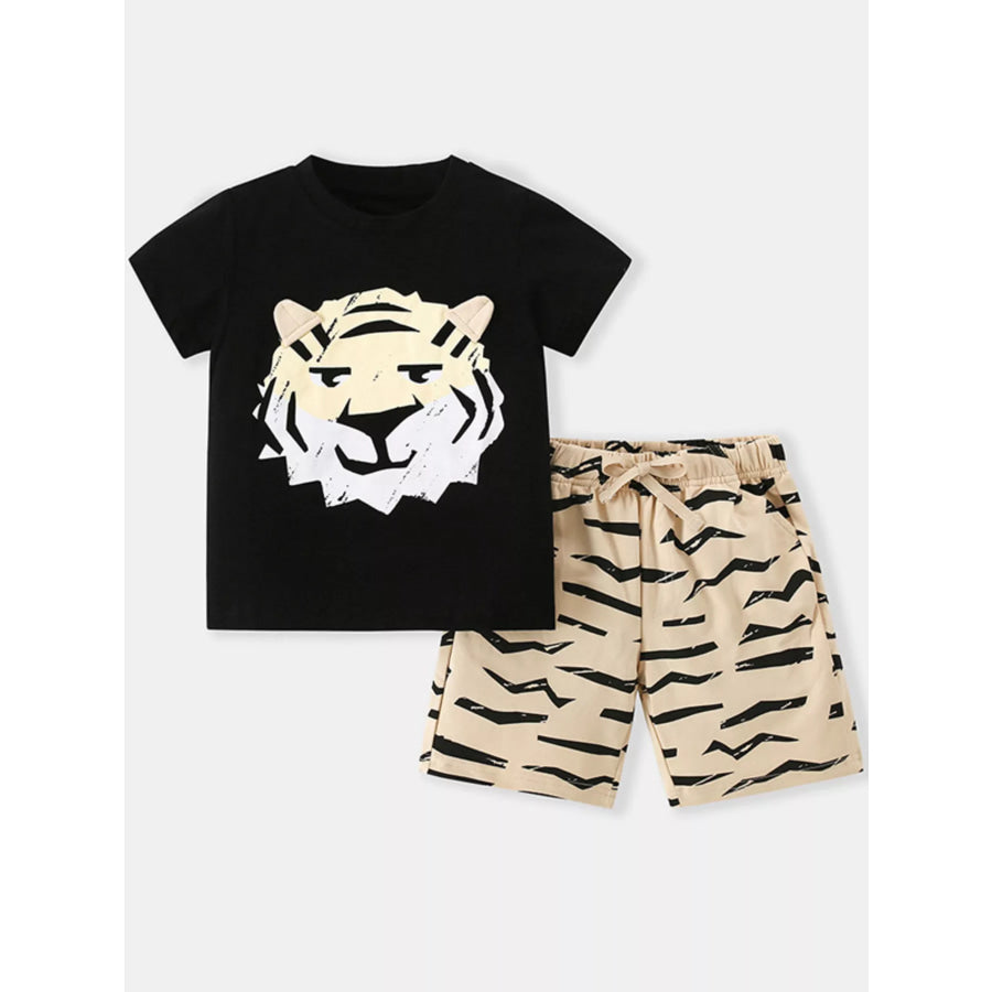 Children’s Tiger Print Round Neck Top and Shorts Casual Set Black / 3Y Apparel and Accessories