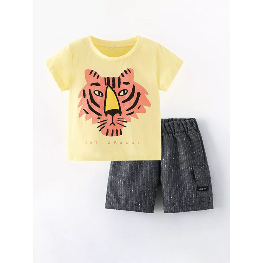 Children’s Tiger Round Neck Tee and Shorts Set Yellow / 2Y Apparel and Accessories