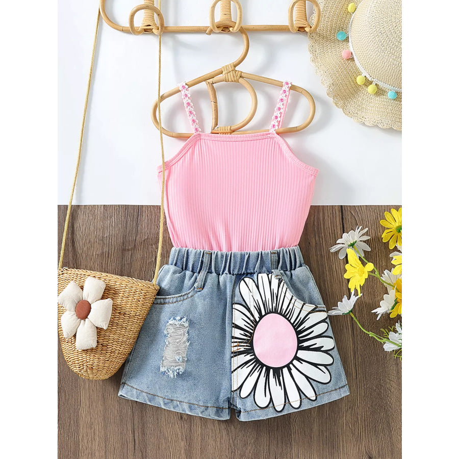 Children’s Top & Sunflower Denim Shorts Set Pink / 3-4Y Apparel and Accessories