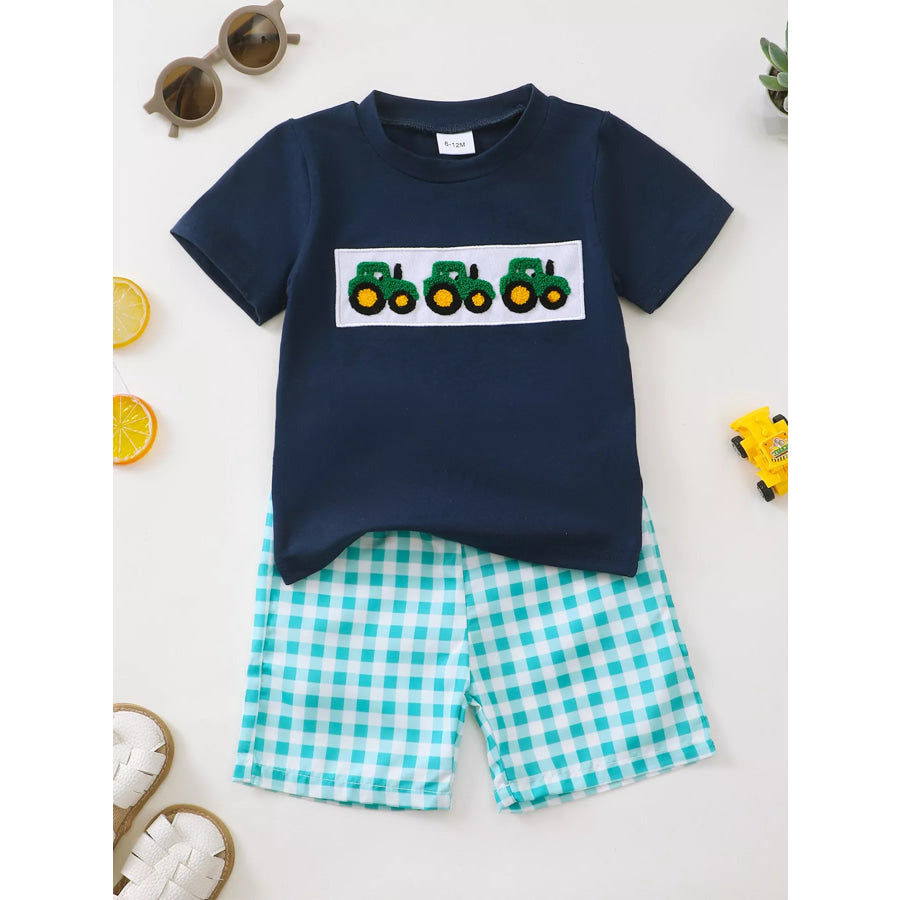 Children’s Tractor Applique T-Shirt and Gingham Shorts Set Blue / 6-12M Apparel Accessories