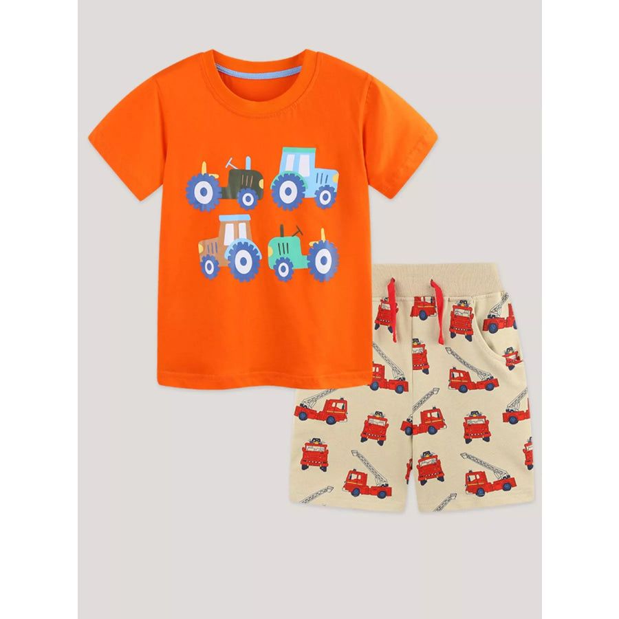 Children’s Tractor & Firetruck Print Casual Tee and Shorts Set Apparel and Accessories