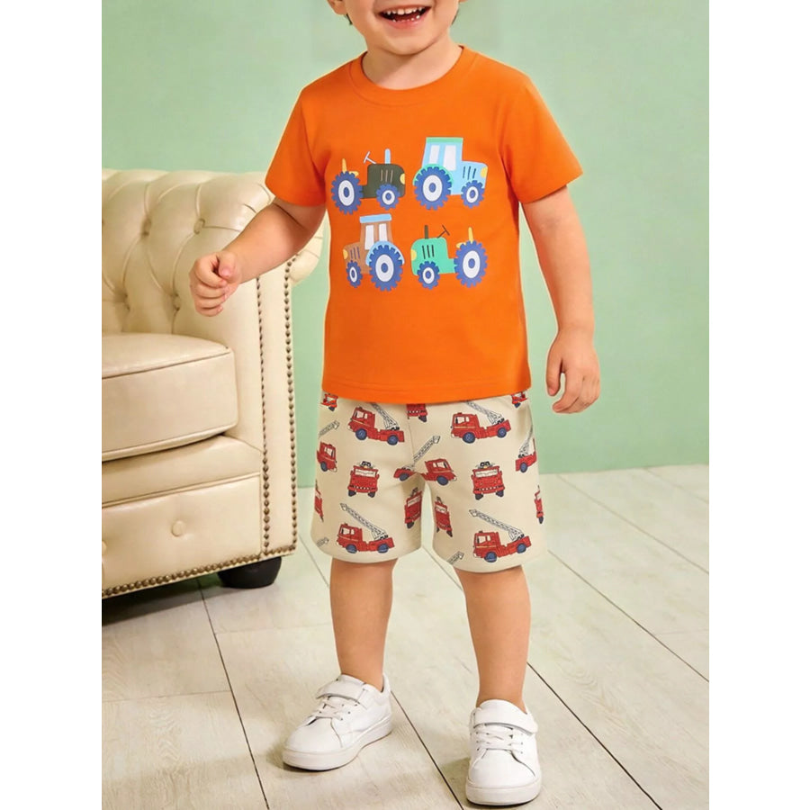 Children’s Tractor & Firetruck Print Casual Tee and Shorts Set Orange / 2Y Apparel and Accessories
