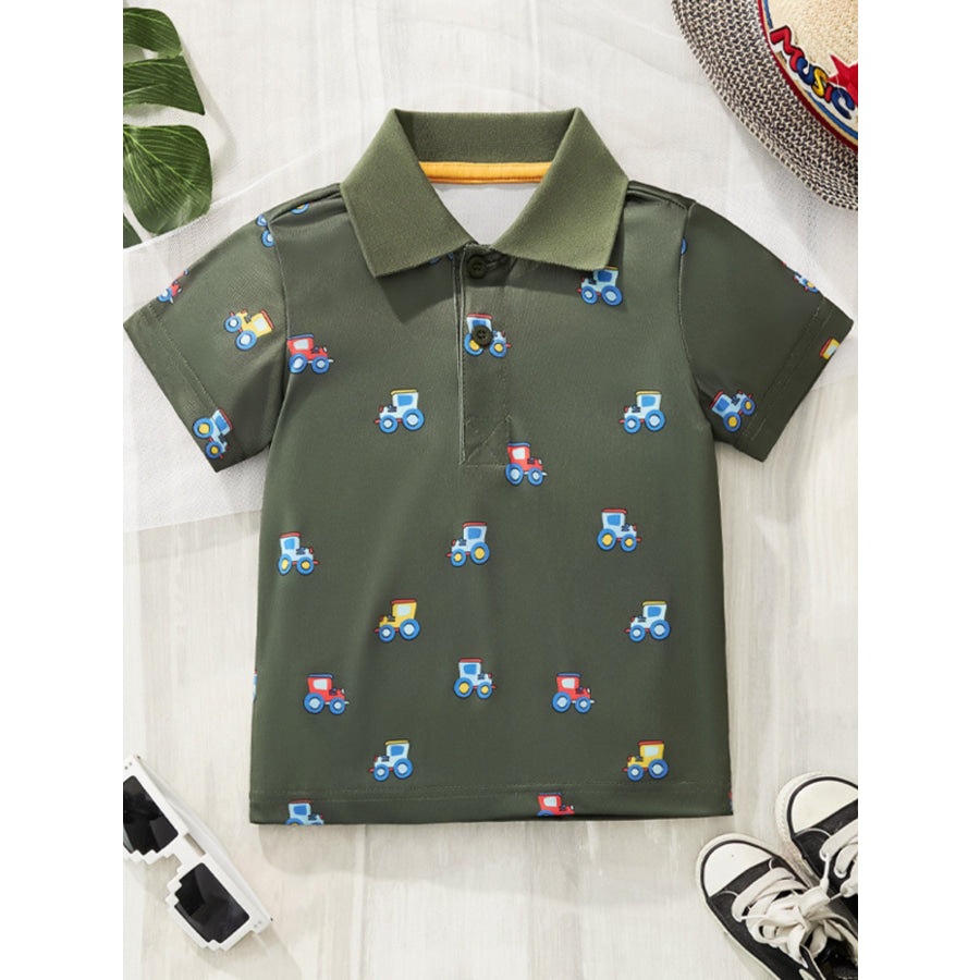 Children’s Tractor Print Casual Polo Shirt Army Green / 3Y Apparel and Accessories