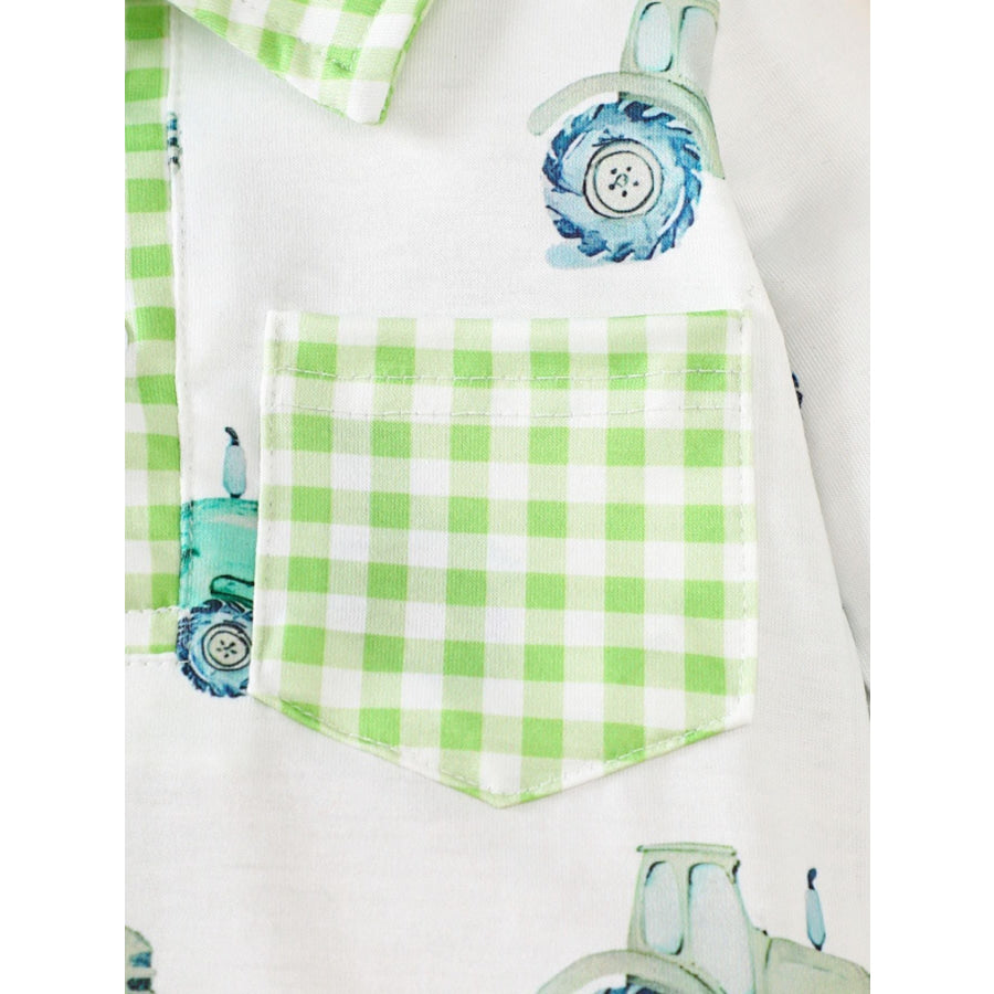 Children’s Tractor Print Gingham Trim Baby One-Piece Apparel and Accessories