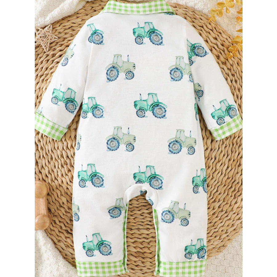 Children’s Tractor Print Gingham Trim Baby One-Piece Apparel and Accessories