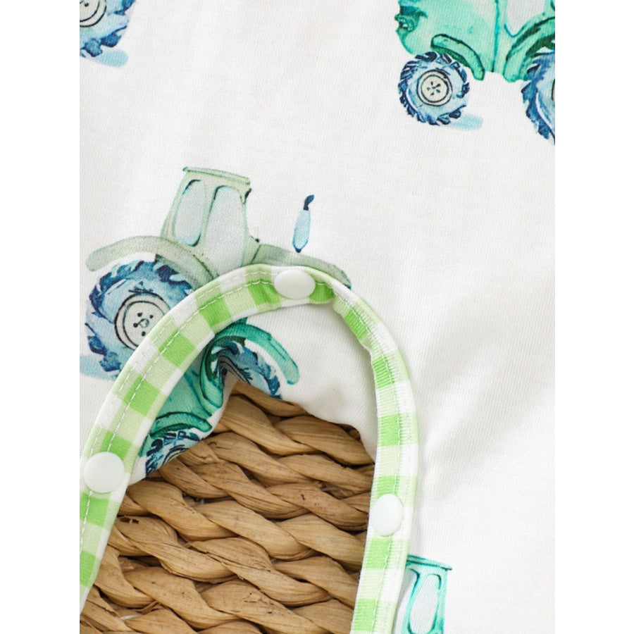 Children’s Tractor Print Gingham Trim Baby One-Piece Apparel and Accessories