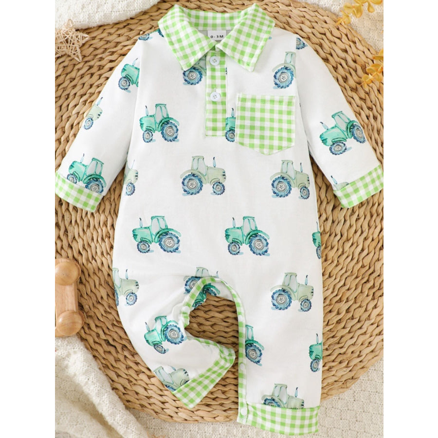 Children’s Tractor Print Gingham Trim Baby One-Piece White / 0-3M Apparel and Accessories