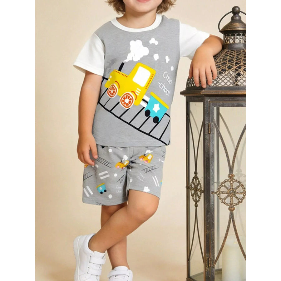 Children’s Train Print Short Sleeve Tee and Shorts Set Light Gray / 2Y Apparel and Accessories