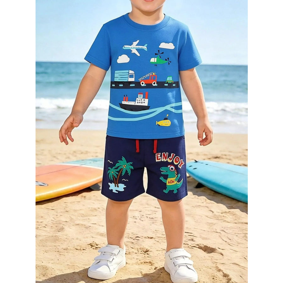 Children’s Transportation & Crocodile Print Casual Set Sky Blue / 5Y Apparel and Accessories