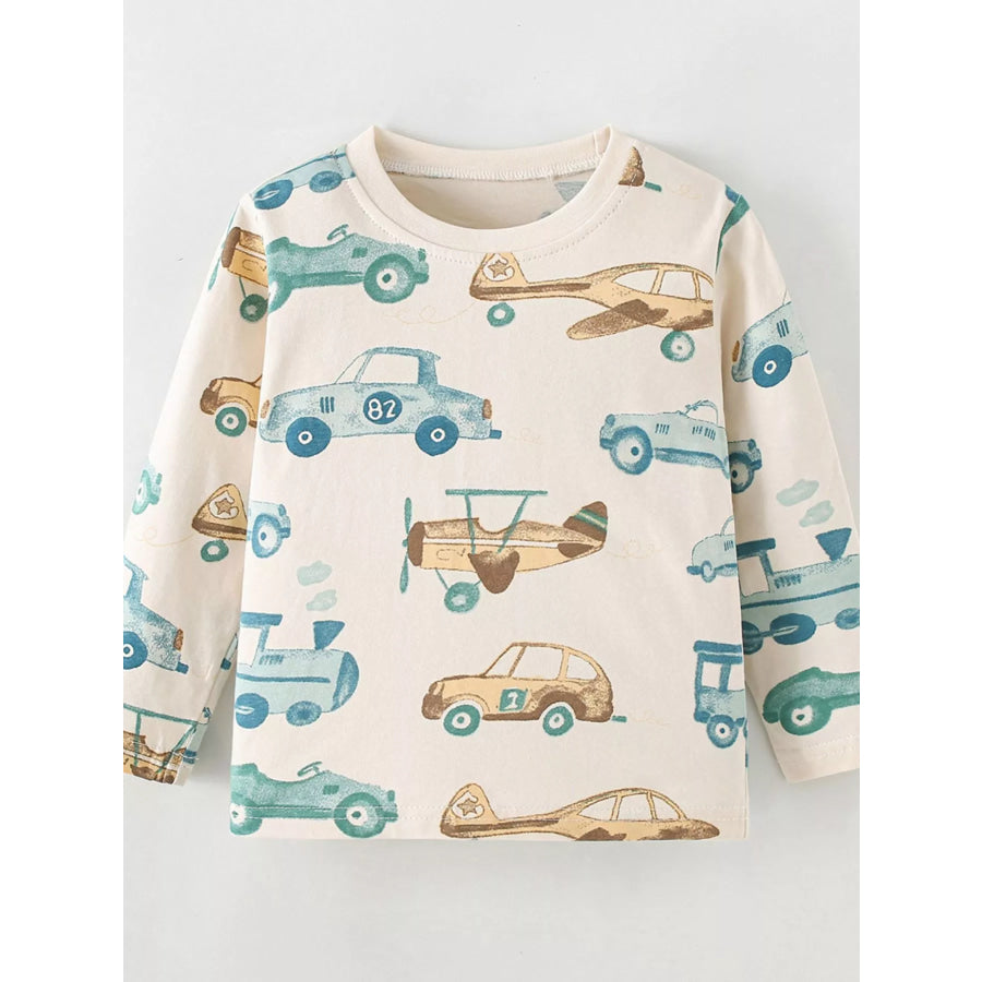 Children’s Transportation Print Long Sleeve Crew Neck T-Shirt Cream / 3T Apparel and Accessories