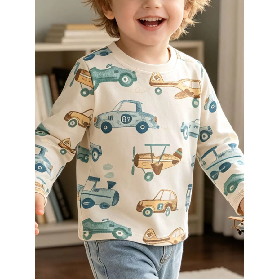 Children’s Transportation Print Long Sleeve Crew Neck T-Shirt Cream / 3T Apparel and Accessories