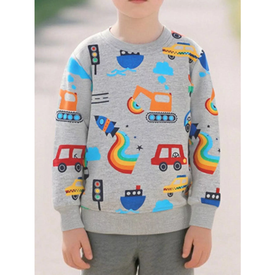 Children’s Transportation Print Round Neck Sweatshirt Light Gray / 2Y Apparel and Accessories
