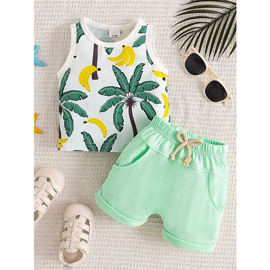Children’s Tropical Palm Print Tank Top & Shorts Set Green / 0-6M Apparel and Accessories