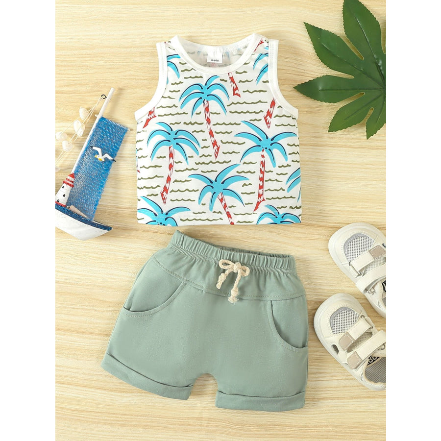 Children’s Tropical Palm Print Tank Top & Shorts Set Light Green / 0-6M Apparel and Accessories