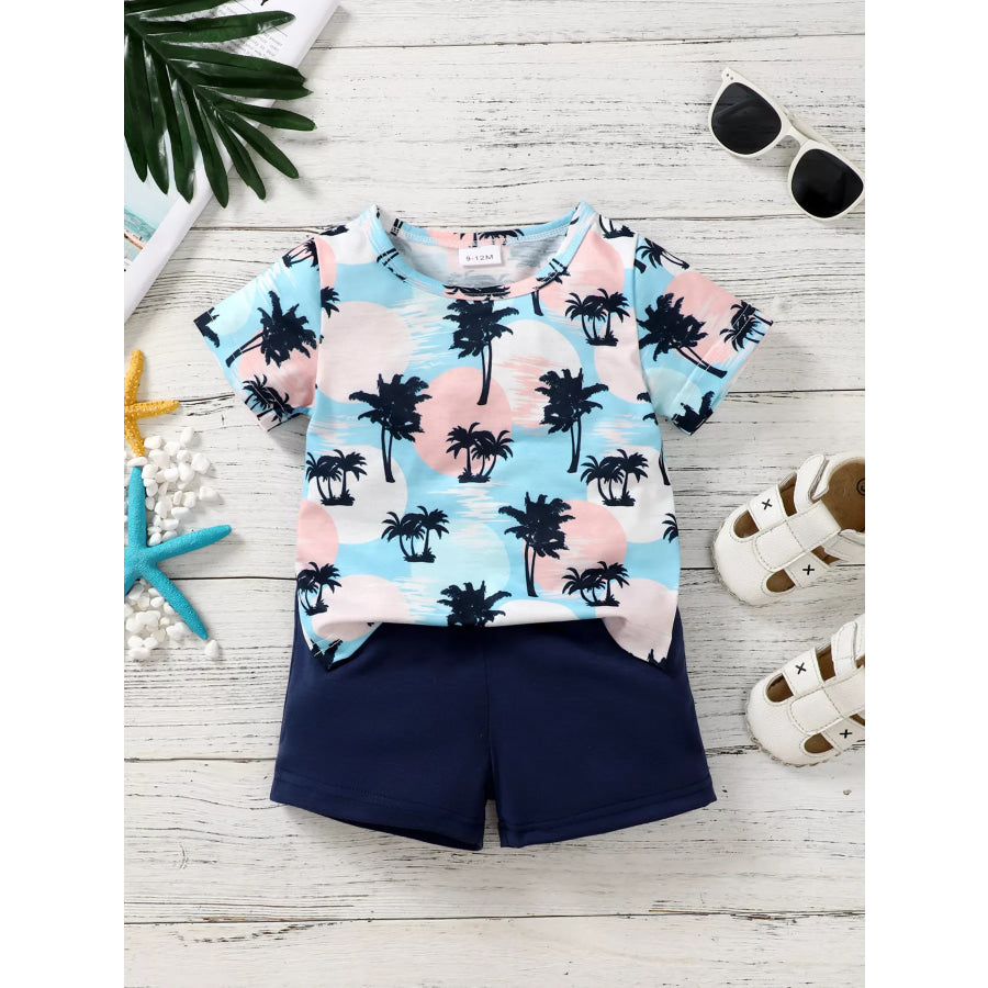 Children’s Tropical Palm Tree Print Outfit Set Blue / 6-9M Apparel and Accessories