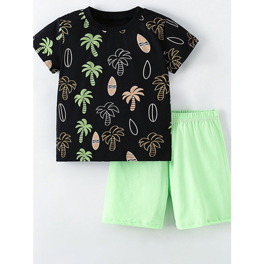 Children’s Tropical Palm Tree Print Tee and Shorts Casual Set Black / 3Y Apparel and Accessories