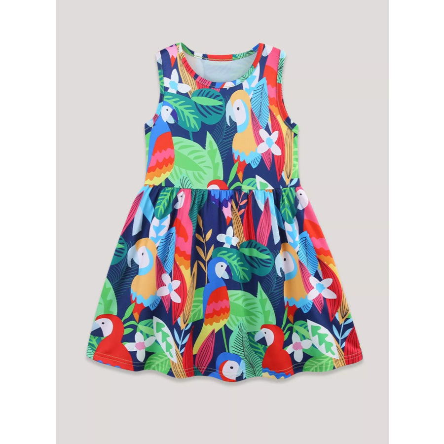 Children’s Tropical Parrot Print Sleeveless A-Line Dress Multicolor / 3Y Apparel and Accessories