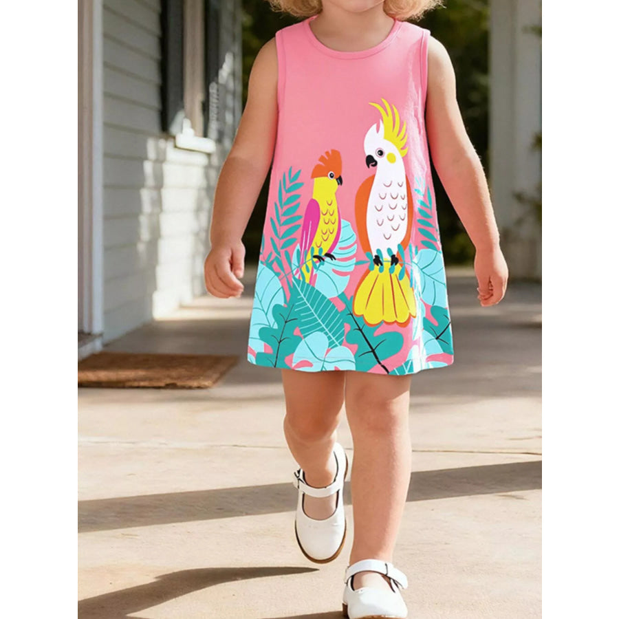 Children’s Tropical Parrot Print Sleeveless Dress Blush Pink / 2Y Apparel and Accessories