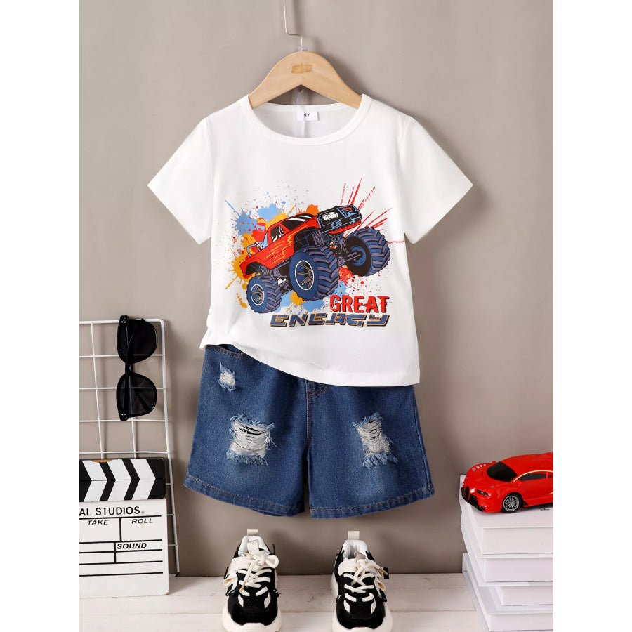 Children’s Truck Graphic Tee & Ripped Denim Shorts Set White / 4Y Apparel and Accessories