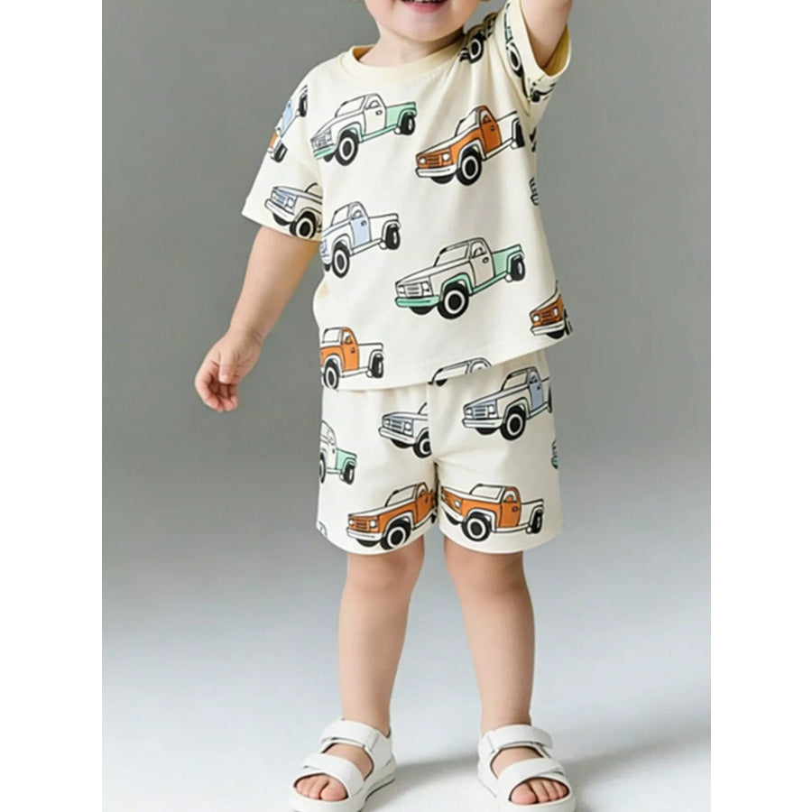 Children’s Truck Print Round Neck Tee and Shorts Set Beige / 3Y Apparel and Accessories