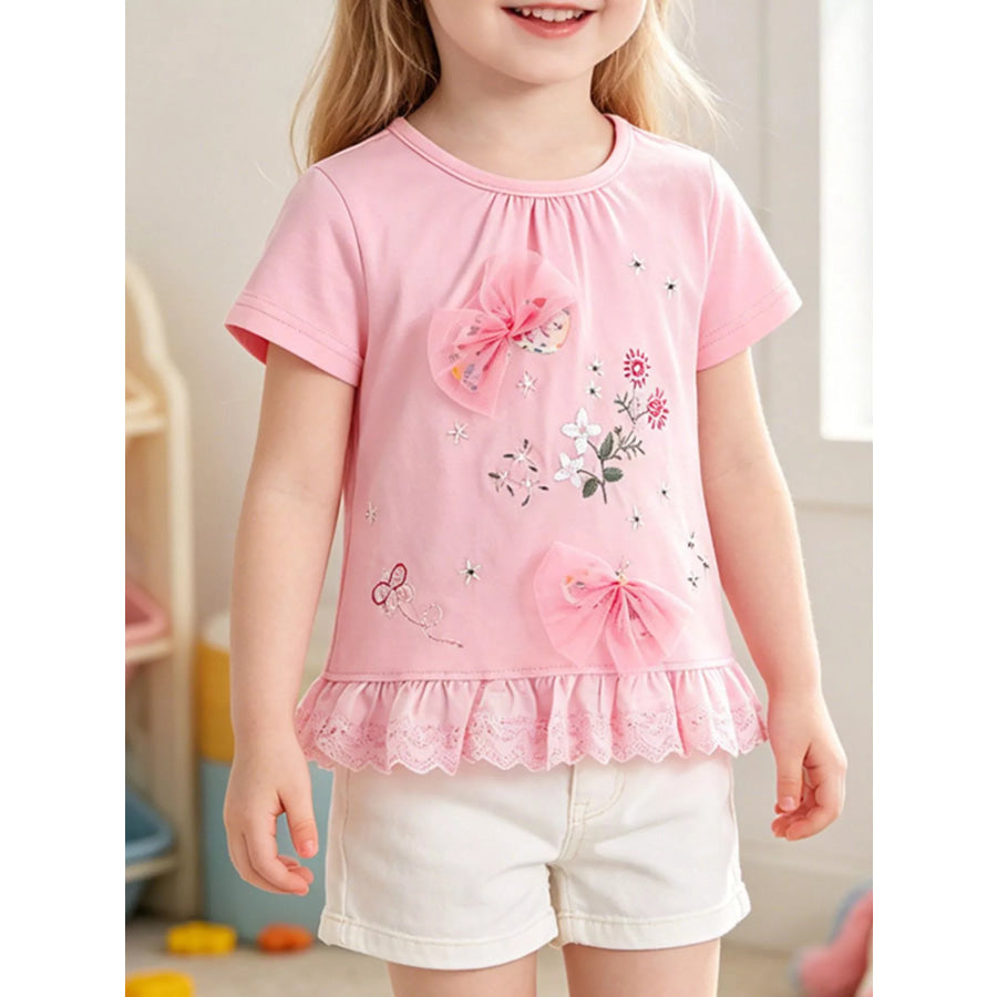Children’s Tulle Bow & Floral Embroidered T-Shirt Blush Pink / 3T Apparel and Accessories