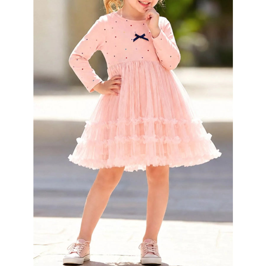 Children’s Tulle Dress with Polka Dots and Bow Detail Blush Pink / 2Y Apparel and Accessories