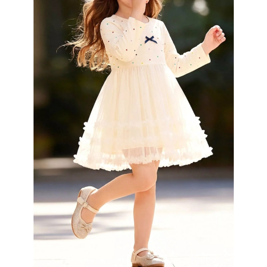 Children’s Tulle Dress with Polka Dots and Bow Detail Cream / 2Y Apparel and Accessories