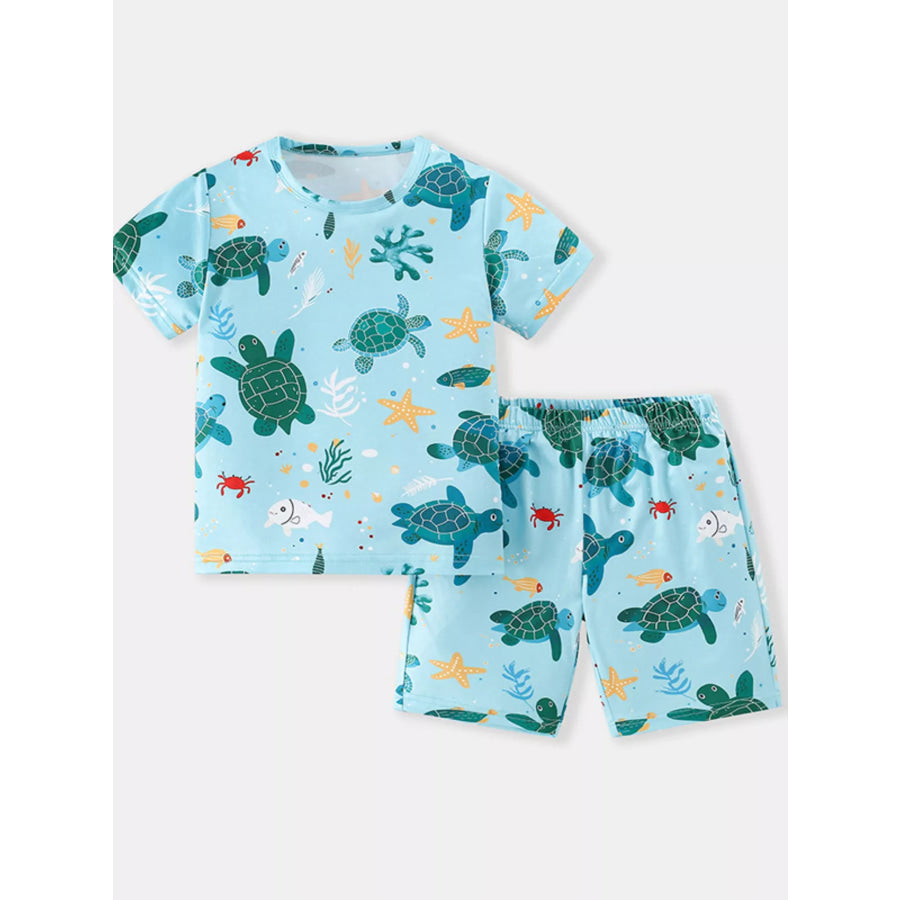 Children’s Turtle Print Round Neck Tee and Shorts Set Pastel Blue / 2-3Y Apparel and Accessories