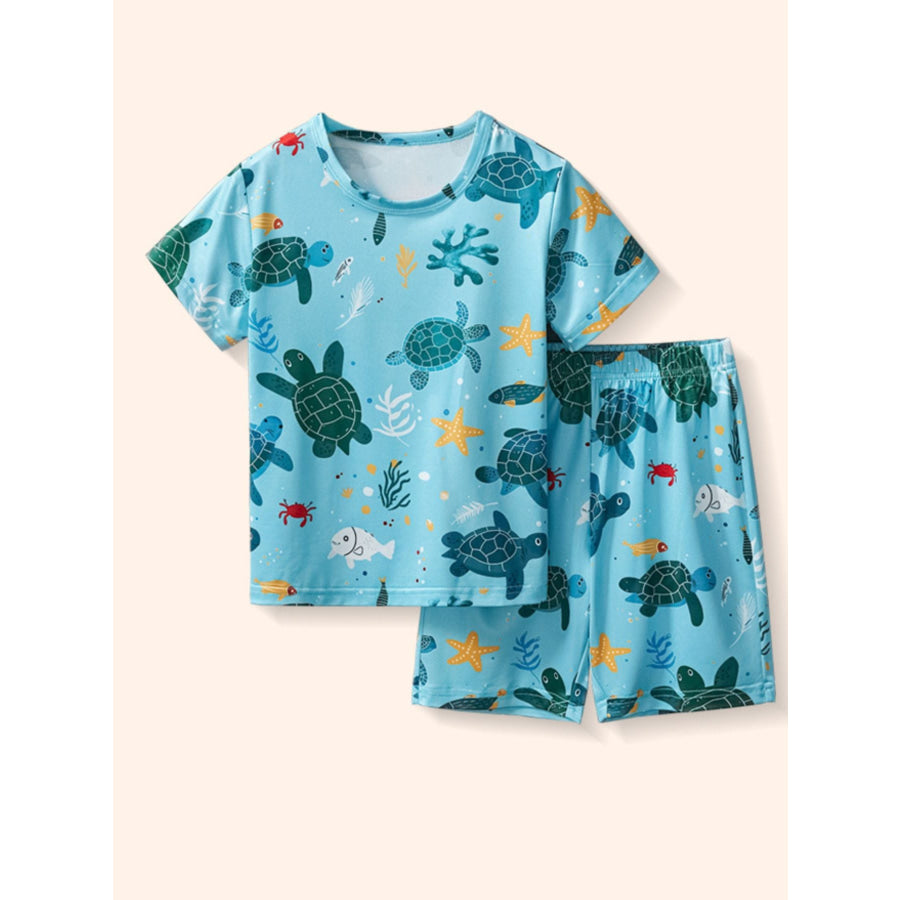 Children’s Turtle Print Round Neck Tee and Shorts Set Pastel Blue / 2-3Y Apparel and Accessories