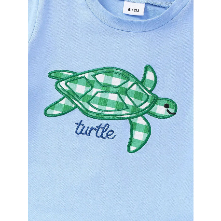 Children’s Turtle Round Neck Top and Gingham Shorts Set Apparel and Accessories