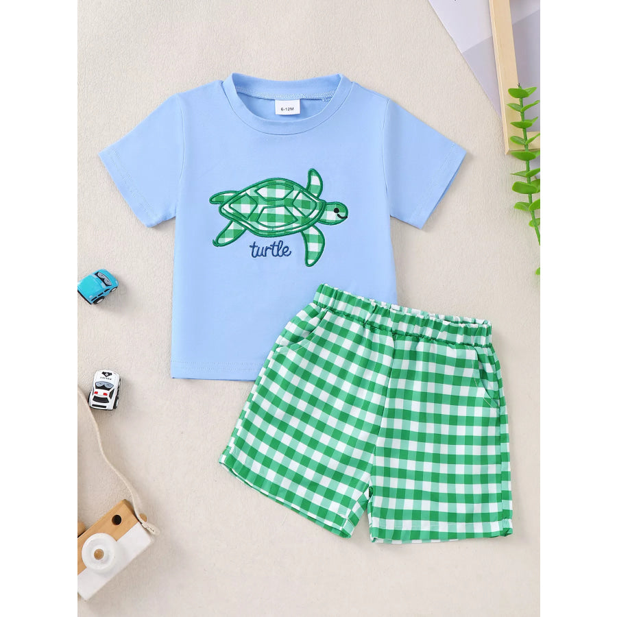 Children’s Turtle Round Neck Top and Gingham Shorts Set Blue / 6-12M Apparel and Accessories