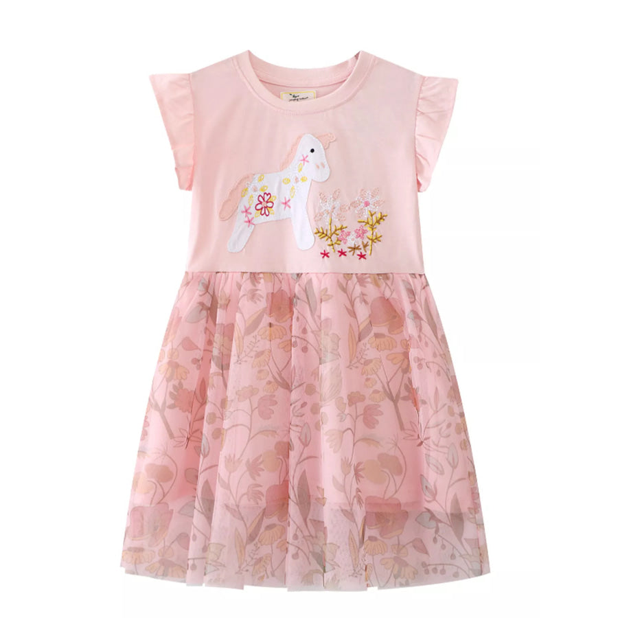 Children’s Unicorn Applique Floral Mesh Dress Dusty Pink / 2T Apparel and Accessories