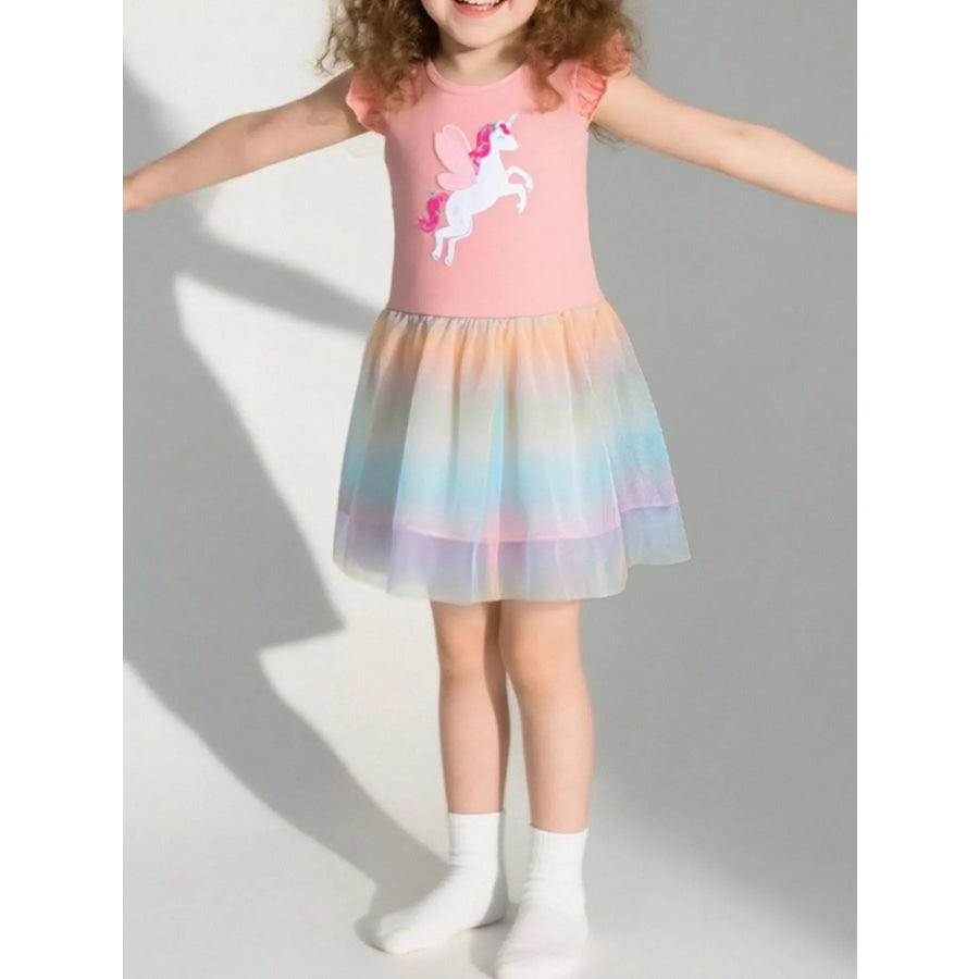 Children’s Unicorn Applique Rainbow Tulle Dress Blush Pink / 2Y Apparel and Accessories