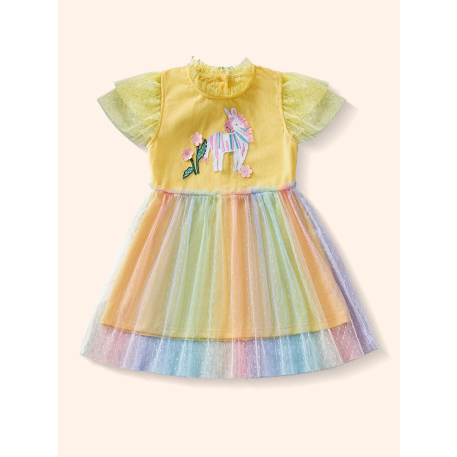 Children’s Unicorn Applique Rainbow Tulle Dress Yellow / 3Y Apparel and Accessories