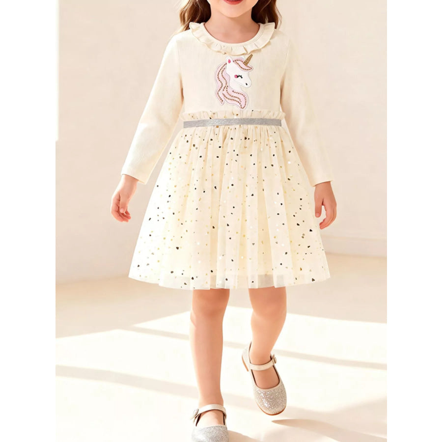 Children’s Unicorn Applique Ruffle Trim Tulle Dress Cream / 2Y Apparel and Accessories
