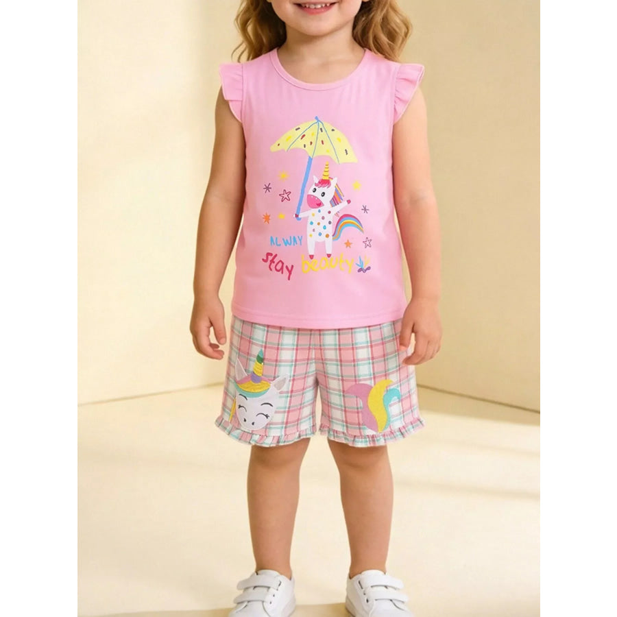 Children’s Unicorn Dreams Sleeveless Top & Plaid Shorts Set Blush Pink / 2Y Apparel and Accessories