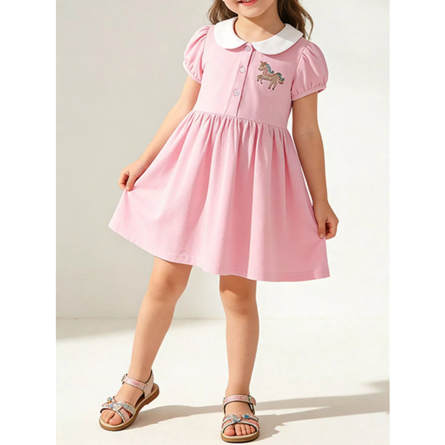 Children’s Unicorn Embroidered Peter Pan Collar Dress Pink / 2T Apparel and Accessories