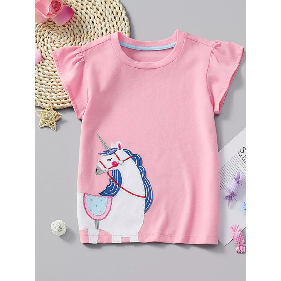 Children’s Unicorn Embroidered Ruffle Sleeve T-Shirt Pink / 3Y Apparel and Accessories