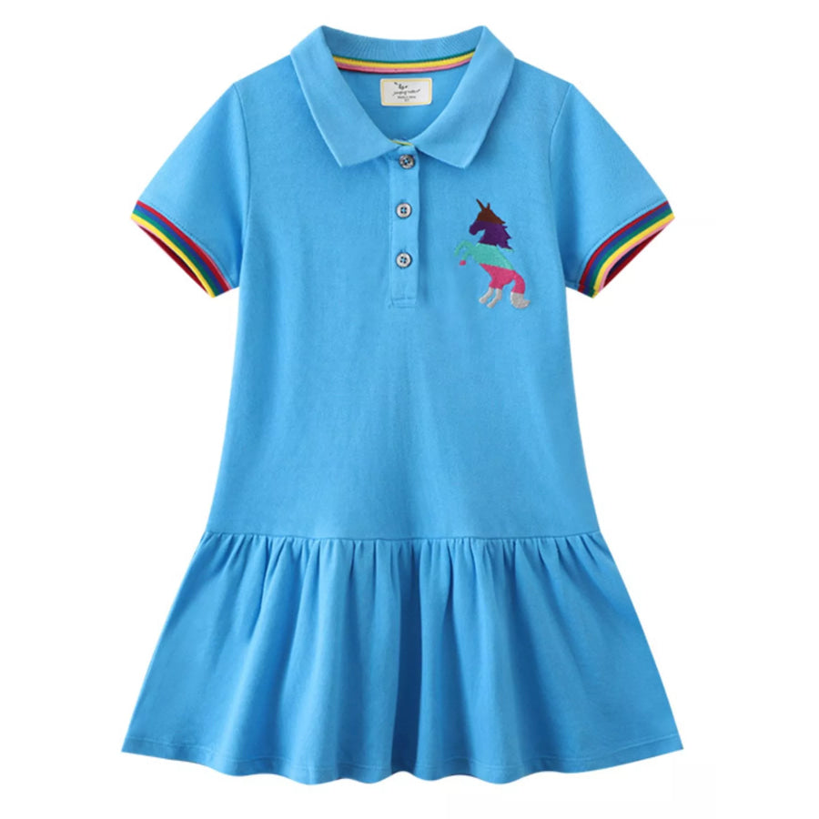 Children’s Unicorn Embroidered Ruffled Polo Dress Sky Blue / 2T Apparel and Accessories