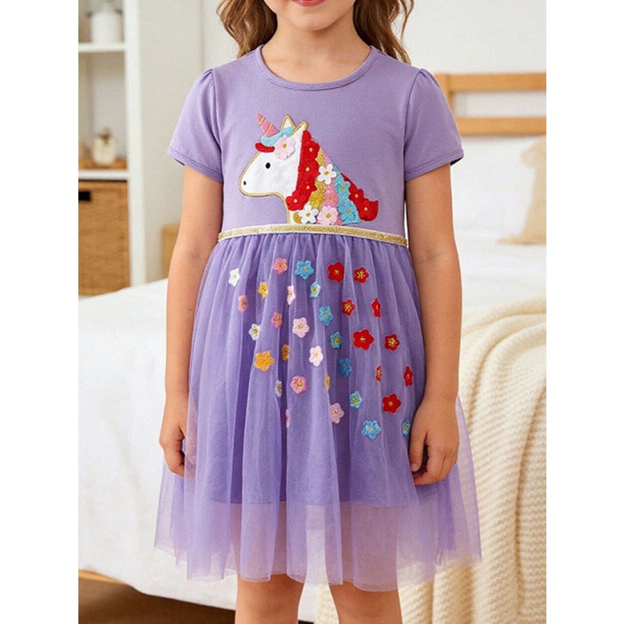 Children’s Unicorn Embroidered Tulle Dress Lavender / 2Y Apparel and Accessories