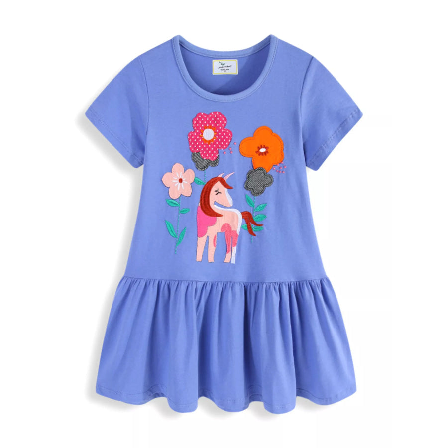 Children’s Unicorn Floral Applique Ruffle Hem Dress Blue / 2T Apparel and Accessories