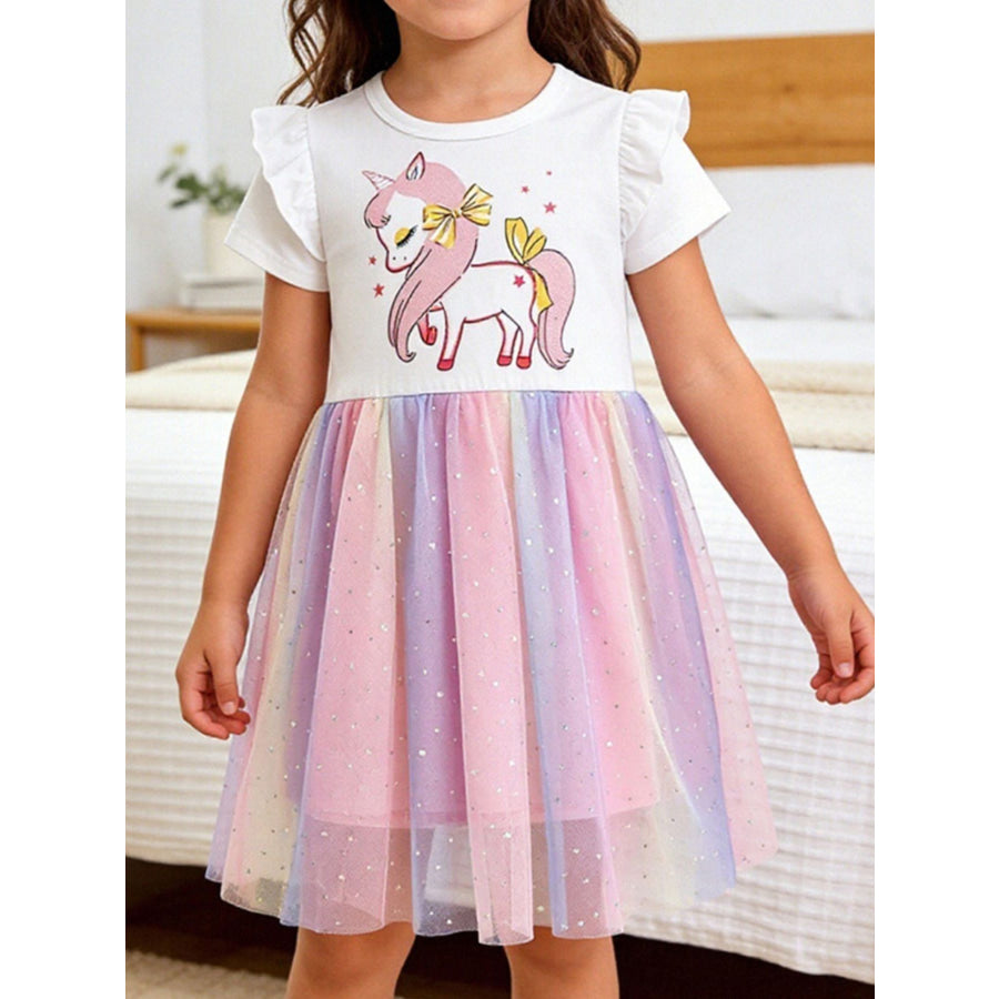 Children’s Unicorn Graphic Rainbow Tulle Dress White / 2Y Apparel and Accessories