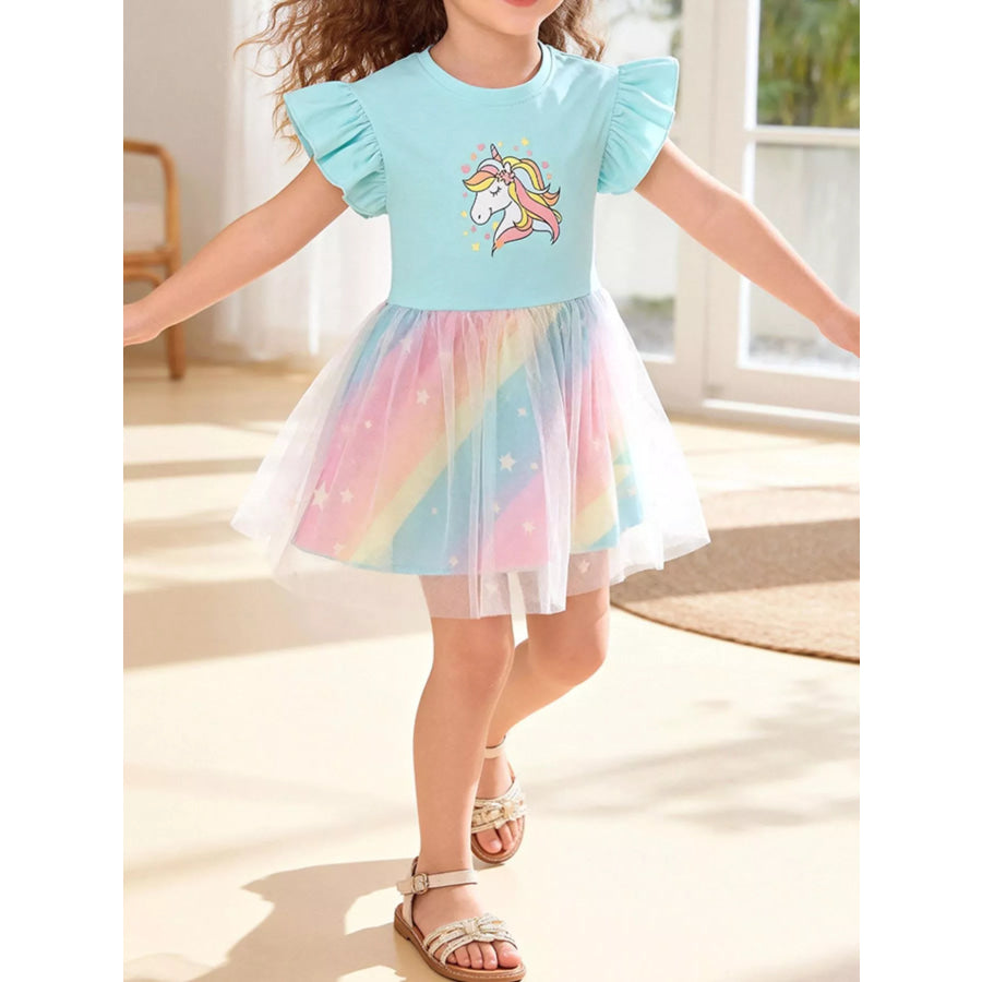 Children’s Unicorn Graphic Rainbow Tulle Layered Dress Mint Blue / 2Y Apparel and Accessories