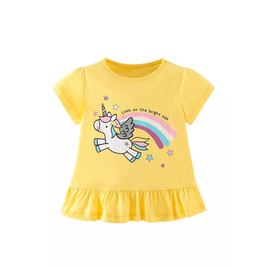 Children’s Unicorn Graphic Ruffle Hem T-Shirt Yellow / 3Y Apparel and Accessories