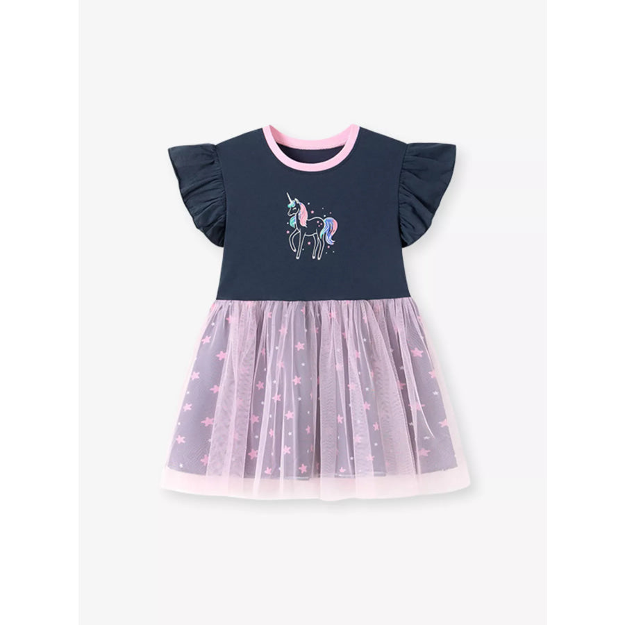 Children’s Unicorn Graphic Ruffle Sleeve Tulle Dress Apparel and Accessories