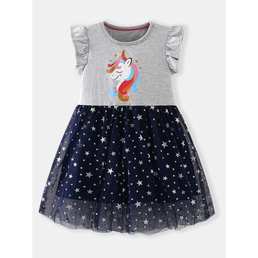 Children’s Unicorn Graphic Ruffle Sleeve Tulle Dress Apparel and Accessories